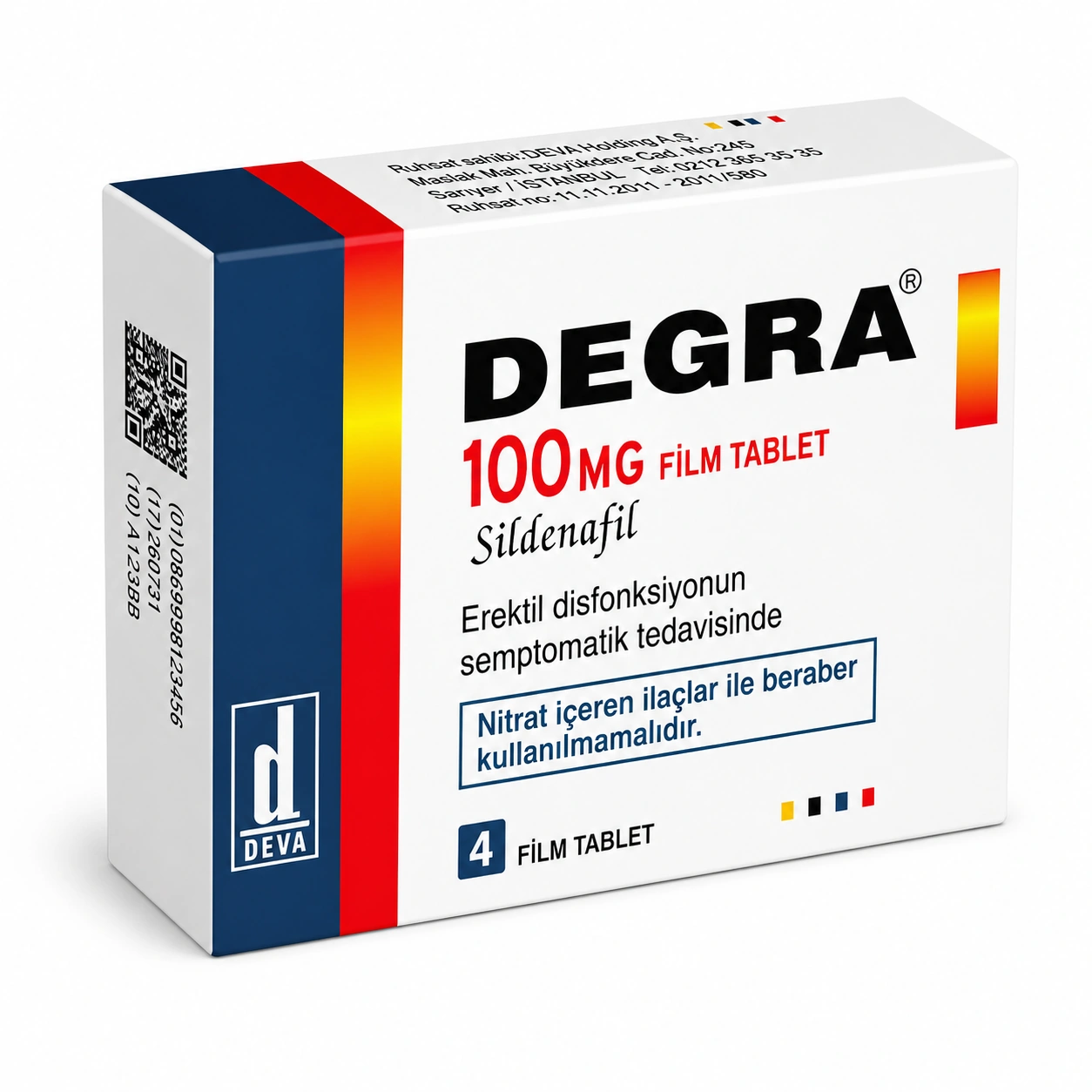 Degra 100 mg 4 tablet Eczane fiyatı sildenafil içeren DEVA ürün kutusu ve mavi altıgen tablet görseli