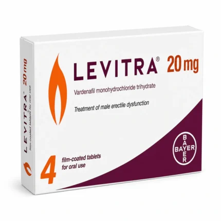 Levitra 20 mg 4 tablet fiyatı vardenafil içeren orijinal ürün kutusu ve film kaplı tablet görseli