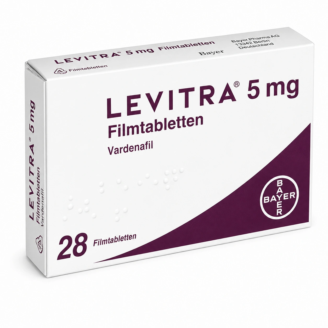 Levitra 5 mg 28 tablet fiyat vardenafil içeren orijinal ürün kutusu ve film kaplı tablet görseli
