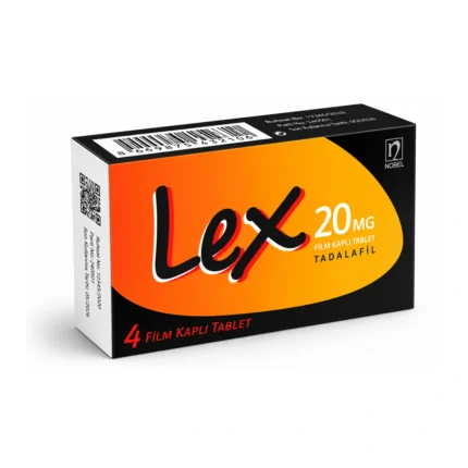 Lex 20 mg 4 tablet eczane fiyatı tadalafil içeren orijinal ürün kutusu ve film tablet görseli