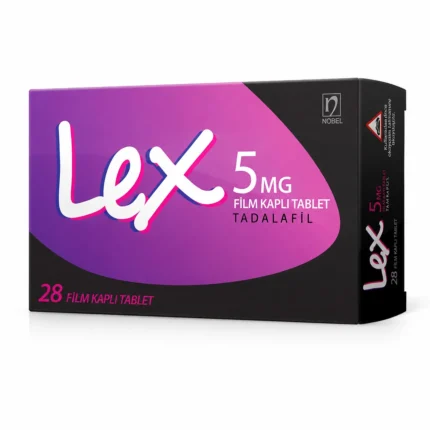 Lex 5 mg 28 tablet tadalafil içeren orijinal ürün kutusu ve film tablet görseli eczane fiyatı satın al